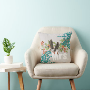 Almofada Noiva Vintage Teal Birds Damask & Tangerine Blooms