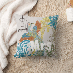 Almofada Noiva Vintage Teal Damask Peacock Birdcage Vines