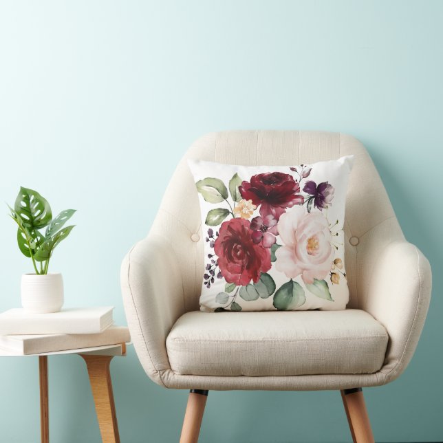 Almofada Noivos Florais com Aquarela Rosada e Vinho (Cadeira)