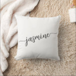 Almofada Nome com Monograma Feminino Minimalista Branco em<br><div class="desc">Travesseiro Personalizado Minimalista Feminino Simples Limpo Preto e Branco com Nome Monograma em Script. Estes desenhos apresentam seu primeiro nome em uma linda tipografia de letra manuscrita com cauda swash (ou caligrafia) em preto sobre fundo branco. São fáceis de personalizar. Ótimo presente feminino e elegante para inauguração de casa, também...</div>