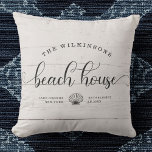 Almofada Nome da Família Moderna Beach House Script White W<br><div class="desc">Caligrafia moderna, com script chic, lendo BEACH HOUSE ao lado do seu nome familiar em uma design motriz de tipografia. Excelente de travesseiro personalizado para decoração doméstica para sua casa longe de casa. Nosso travesseiro de escudo de madeira branca, estilo fazenda, apresenta uma ilustração doce de uma concha entre sua...</div>