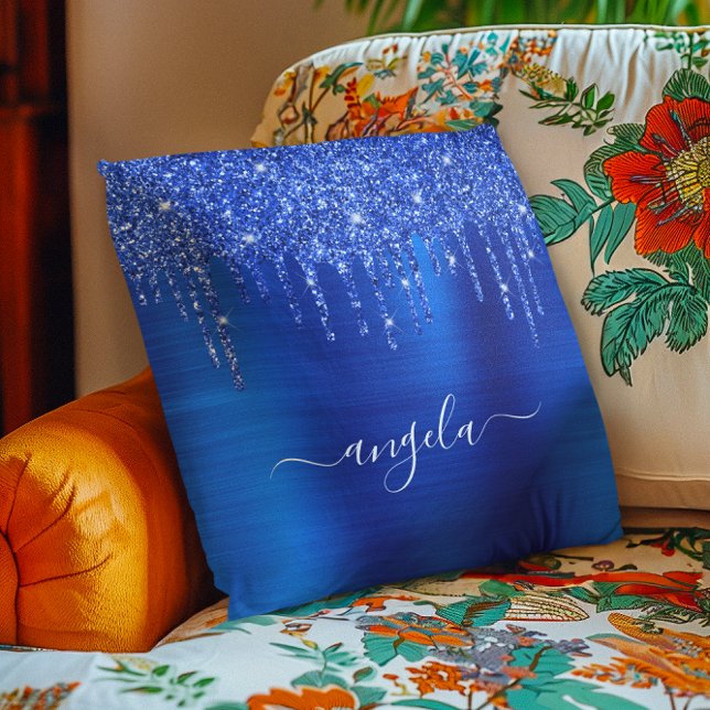 Almofada Nome da Glitter Glitter Real Azul (Royal Blue Dripping Glitter Glam Name Throw Pillow)
