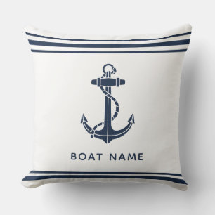 Almofada Nome de barco âncora azul moderno personalizado