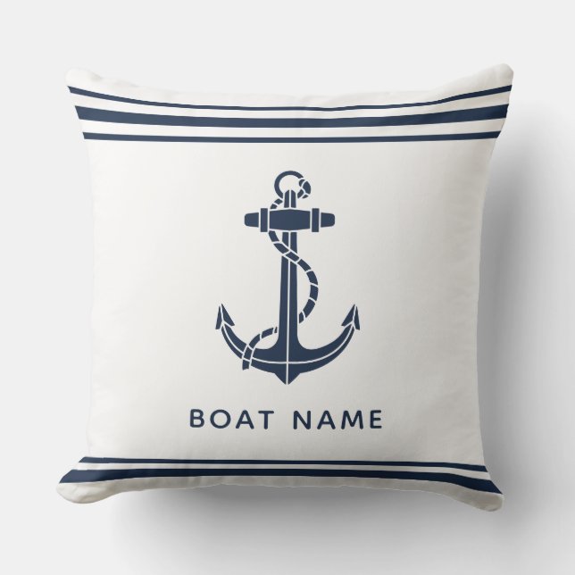 Almofada Nome de barco âncora azul moderno personalizado (Frente)