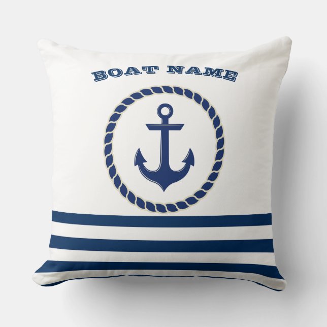 Almofada Nome de Barco Náutico, Âncora Azul Marinho Listrad (Frente)
