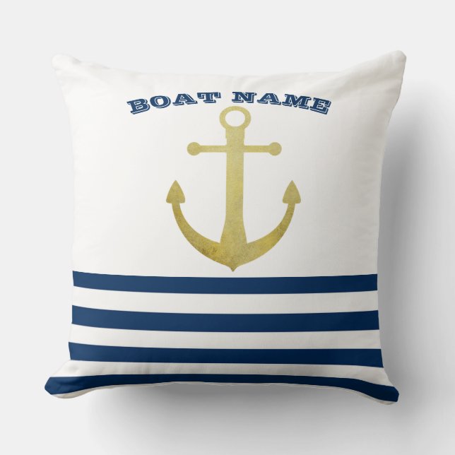 Almofada Nome de Barco Náutico, Âncora Dourada Listras Azul (Frente)