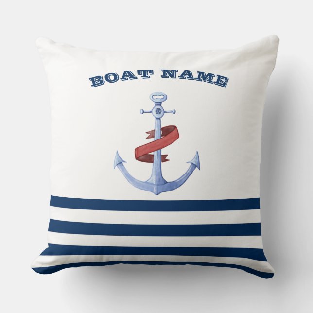 Almofada Nome de Barco Náutico, Azul Âncora Listras Azul-Ma (Frente)