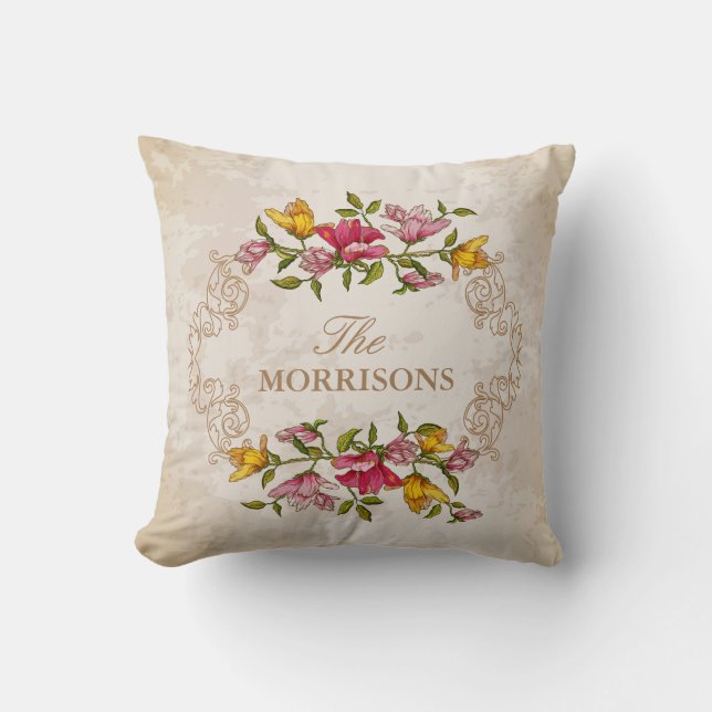 Almofada Nome de família floral do monograma da grinalda do (Frente)