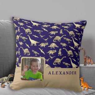 Almofada Nome de foto personalizado do dinossauro azul