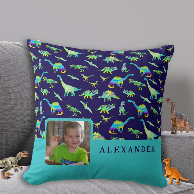 Almofada Nome de foto personalizado do dinossauro azul (Colorful dinosaur boys personalized photo and name navy blue pillow Cute dino home decor for kids)