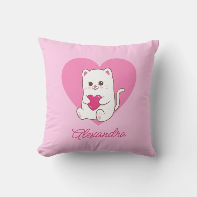 Almofada Nome de Gato de Coração Rosa Kawaii Cute Personali (Frente)