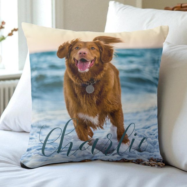 Almofada Nome de Script de Foto de Animal de Estimação Pers (Pet Photo Script Name Modern Personalized Dog Throw Pillow)