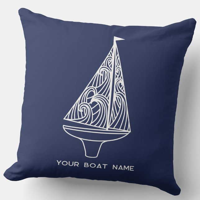 Almofada Nome do Barco à Vela Azul Naval (Your boat name custom text sailing boat yacht navy blue outdoor throw pillow)