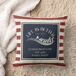 Almofada Nome do barco com listras azuis de marinho vermelh