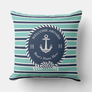 Almofada Nome do barco náutico Anchor Rope Teal Blue Bem-v