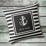 Almofada Nome do Barco Náutico com Âncora Náutica, em Black<br><div class="desc">Um design náutico com âncora,  faixas na moda preto e branco e personalizadas com o nome do seu barco. Projetado por Thisnotme©</div>