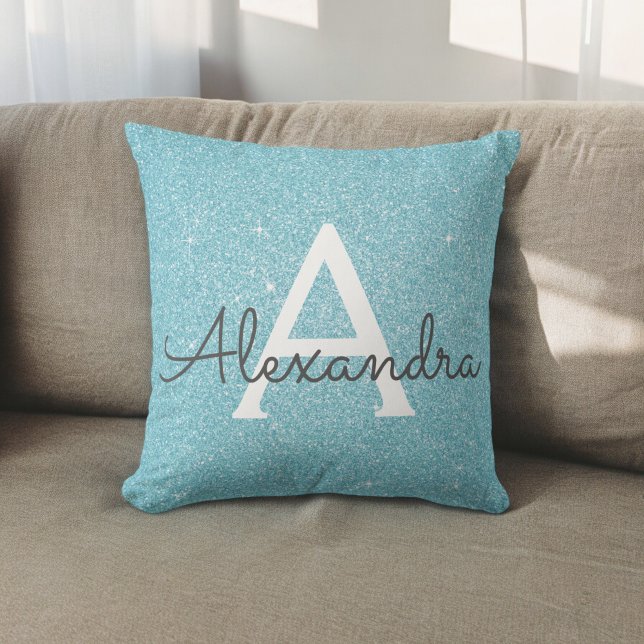 Almofada Nome do Monograma da Glitter Glitter Azul Teal (Criador carregado)