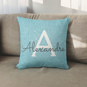 Almofada Nome do Monograma da Glitter Minigral Azul Teal e