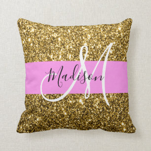 Almofada Nome do Monograma de Brilho Rosa e Glitter Sparkle