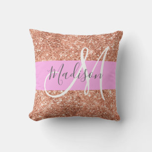 Almofada Nome do Monograma de Glitter Dourado Rosa Brilhant
