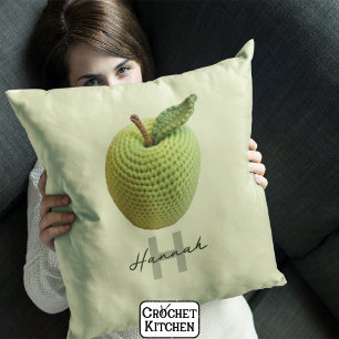 Almofada Nome do Monograma de Maçã de Crochet Verde de Arte