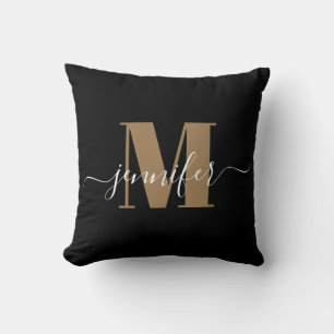 Almofada Nome do Monograma Elegante Preto e Dourado Moderno