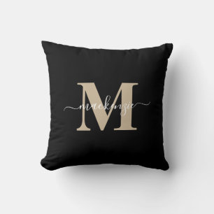 Almofada Nome do Monograma Elegante Preto e Dourado Moderno