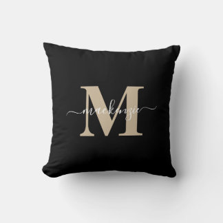 Almofada Nome do Monograma Elegante Preto e Dourado Moderno