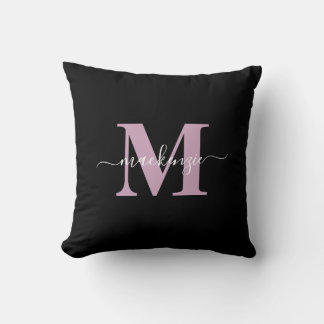 Almofada Nome do Monograma Elegante Preto e Roxo Moderno