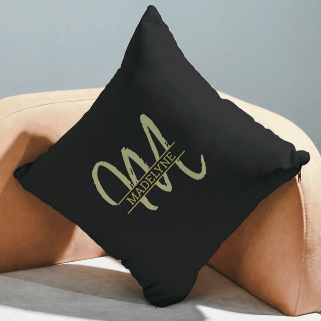 Almofada Nome do Monograma Preto e Dourado Mínimo Feminino  (Criador carregado)