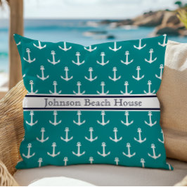 Almofada Nome do padrão de âncora azul-teal náutico branco