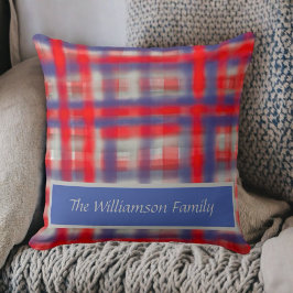 Almofada Nome do script xadrez azul vermelho cinza aquarela