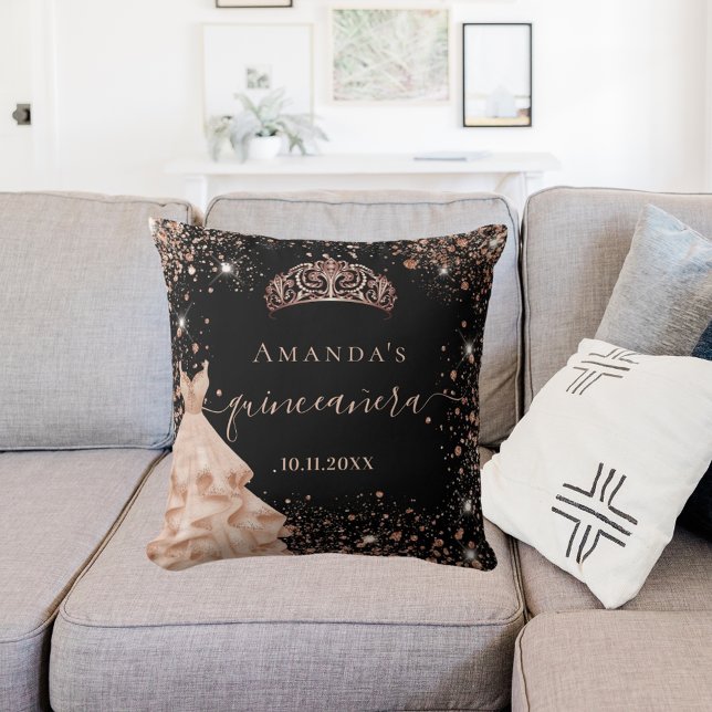 Almofada Nome do vestido Quinceanera Black rosa gold tiara (Criador carregado)