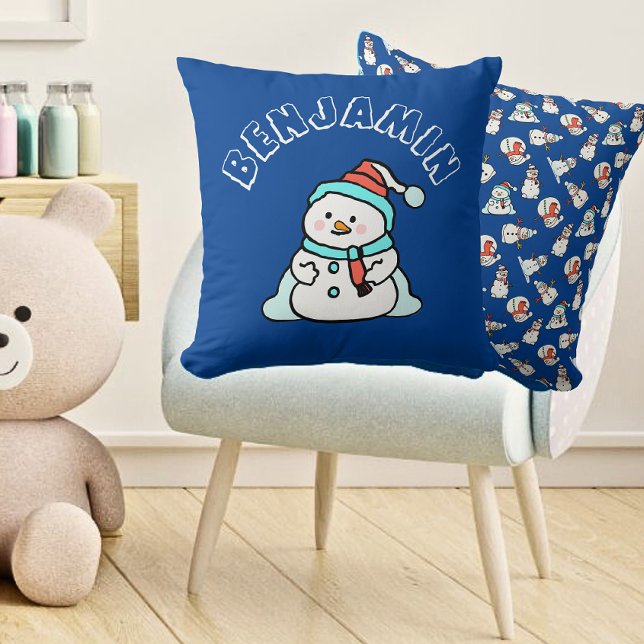 Almofada Nome dos Rapazes Snowman de Natal | Azul (Front And Back - Boys Playroom)
