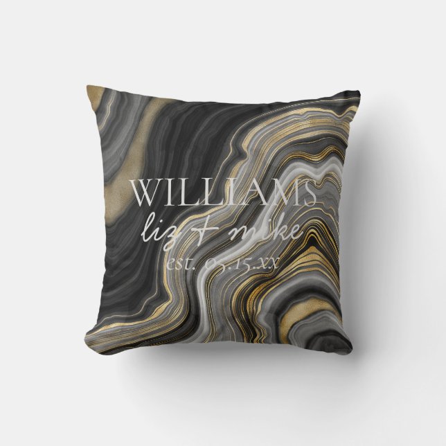 Almofada Nome Dourado do Agate Branco Negro Nome da Data de (Frente)