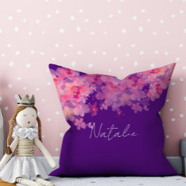 Almofada Nome floral coral roxo aquarela