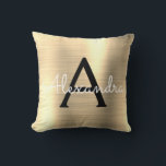 Almofada Nome inicial do monograma Dourado de luxo escovado<br><div class="desc">Folha Dourada de luxo e Preta Bruta Monograma e Travesseiro Inicial de Metal. O travesseiro faz o presente perfeito para alguém decorando seu quarto de estilo.</div>