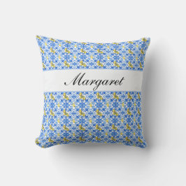 Almofada Nome Monograma Aquarela Limão Amarelo Azulejo Azul