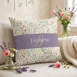 Almofada Nome Monograma Boho Flor Silvestre Aquarela Roxa