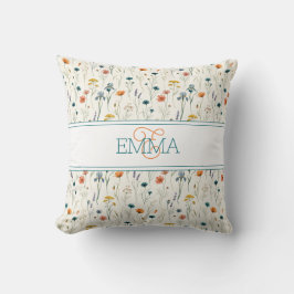 Almofada Nome Monograma Boho Padrão Flor Silvestre Laranja 