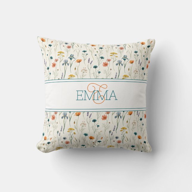 Almofada Nome Monograma Boho Padrão Flor Silvestre Laranja  (Frente)