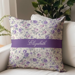 Almofada Nome Monograma em Script Floral Roxo Rosa Vintage