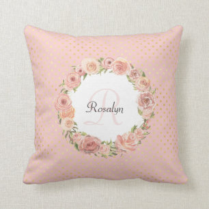 Almofada Nome Monograma Floral De Rosa Com Pontas Douradas 