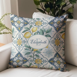 Almofada Nome Monograma Padrão Limão País Azulejo Azul