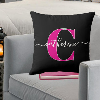 Almofada Nome Monograma Rosa Preto Script Minimalista Elega