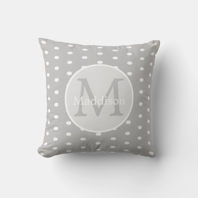 Almofada Nome Monogramado Cinza Branco padrão de bolinhas  (Frente)