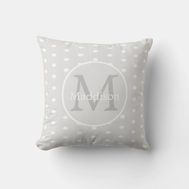 Almofada Nome Monogramado Cinza Branco padrão de bolinhas   (Frente)