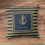 Almofada Nome Náutico Da Embarcação Marinho Azul E Dourado<br><div class="desc">Um design náutico com âncora,  na moda marinho,  listras azuis e douradas e personalizado com seu nome de barco. Projetado por Thisnotme©</div>