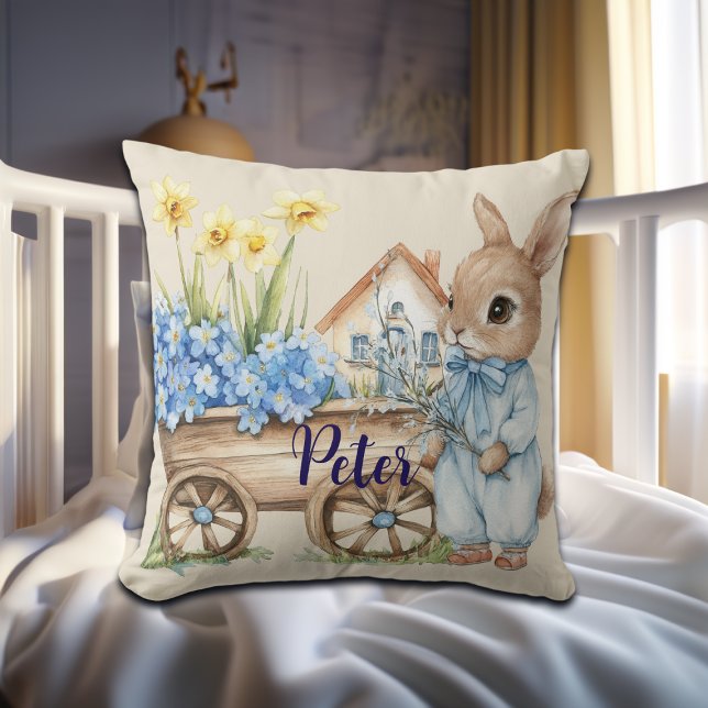 Almofada Nome personalizado Bunny com Flores Azuis (Criador carregado)