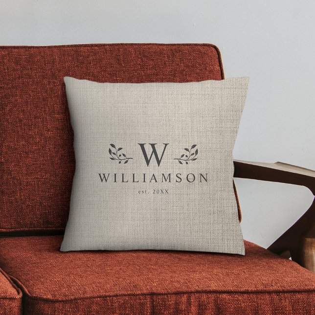 Almofada Nome Personalizado da Família Moderna do Monograma (Cuddle up in style! Our modern rustic monogram pillow, custom family charm on printed linen.)